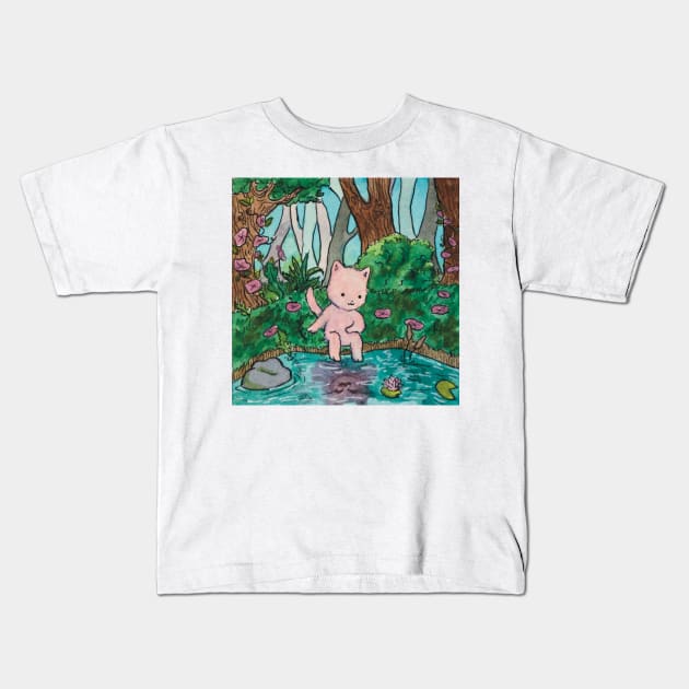 kitten looking at its reflection in the lake watercolor illustration Kids T-Shirt by maoudraw